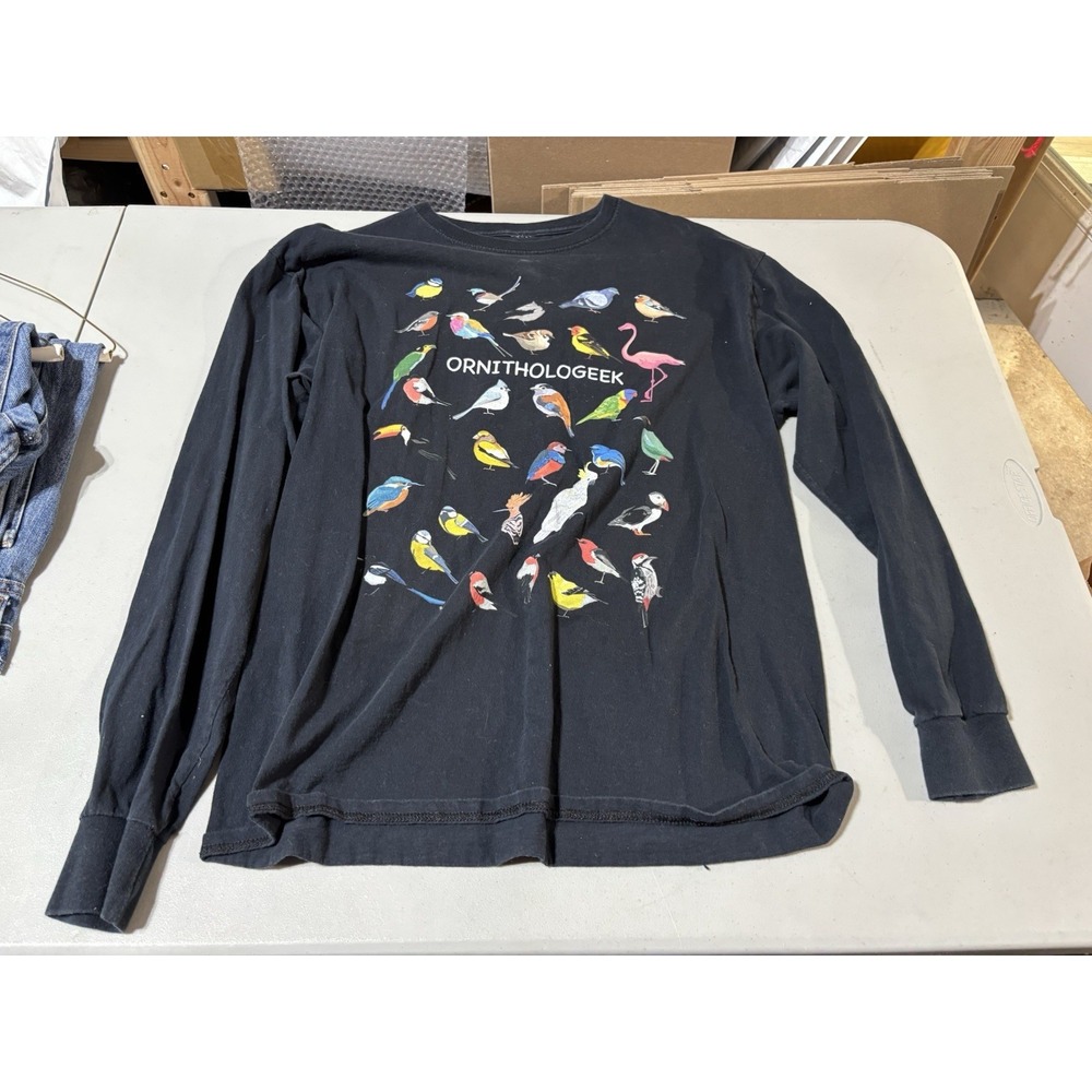 Vtg Ornithologeek Bird L Sleeve Black T Shirt